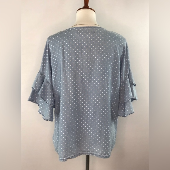 Love 8³ Chambray Blue & White Polka Dot V-Neck Ruffled Sleeve Blouse - Picture 12 of 12
